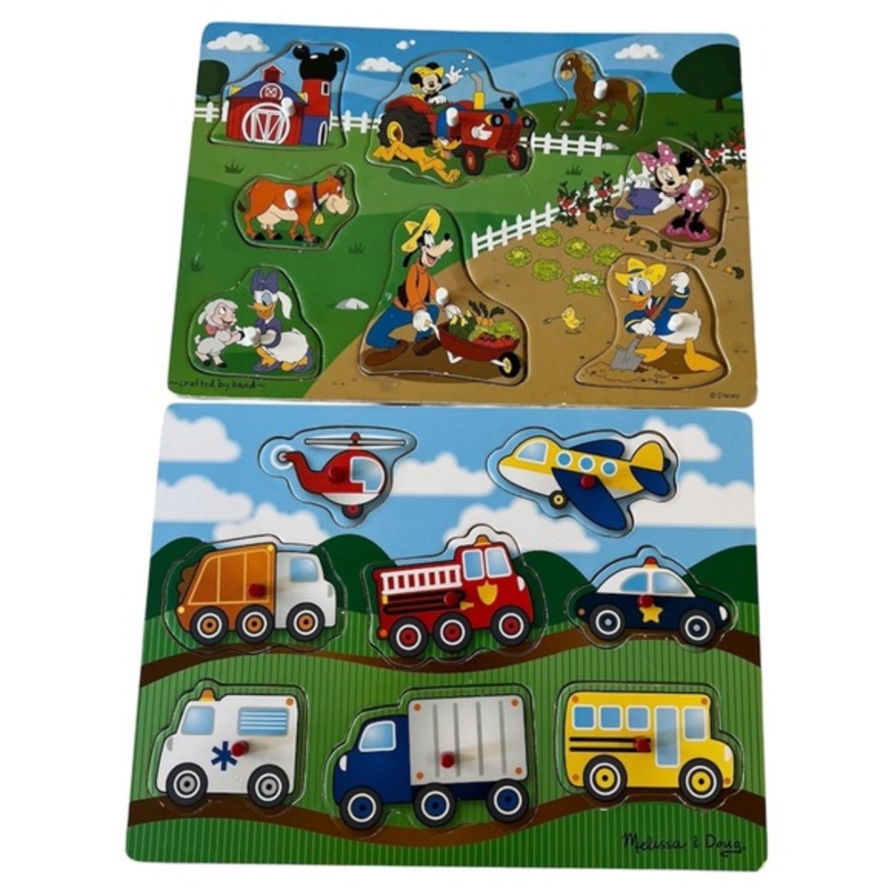 Melissa & Doug Wooden Peg Puzzle Bundle – Disney Farm & Vehicles